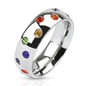 Ocelový prsten - stříbrný kroužek, barevné kamínky - Velikost: 49