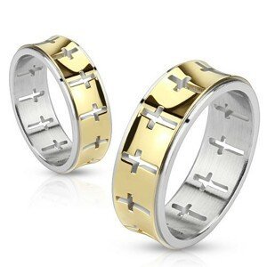 Ocelový prsten - zlatý pásek s vykrojenými kříži - Velikost: 59