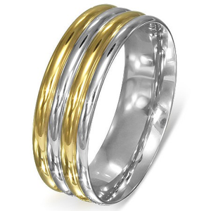 Prsten z oceli - stříbrno-zlaté zaoblené pásy - Velikost: 59
