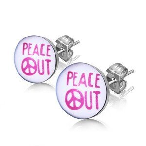 Ocelové náušnice - nápis "PEACE OUT" v kroužku