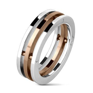 Ocelový prsten trojitý, střední pruh zlatý - Velikost: 66
