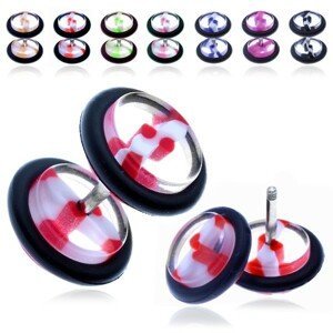 Akrylový fake plug - průhledné kolečko s barevným pruhem - Barva piercing: Červená