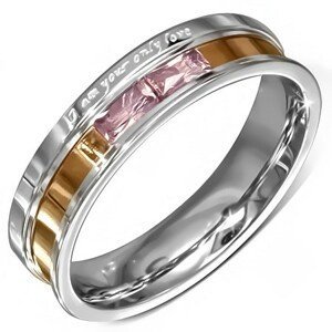 Ocelový prstýnek, růžové zirkony, gravírované vyznání lásky - Velikost: 55