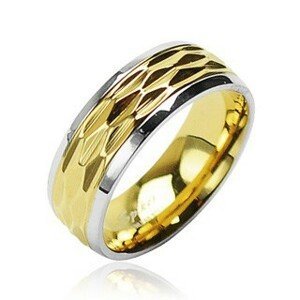 Prsten z chirurgické oceli - zlato-stříbrný zvlněný motiv - Velikost: 52