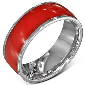 Ocelový prsten - lesklá červená obroučka, stříbrné okraje, 8 mm - Velikost: 56