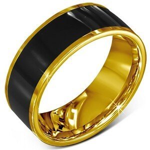 Prsten z chirurgické oceli - hladký černý kroužek, zlatý lem - Velikost: 62
