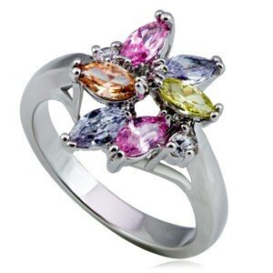 Lesklý kovový prsten - květ, barevné slzičkové a kulaté zirkony - Velikost: 51