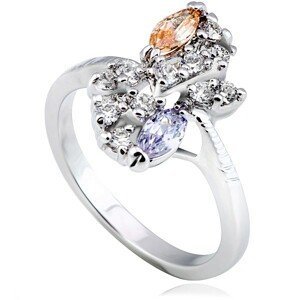 Lesklý prsten z kovu - stříbrný, květ, barevné zirkony v diagonále - Velikost: 51
