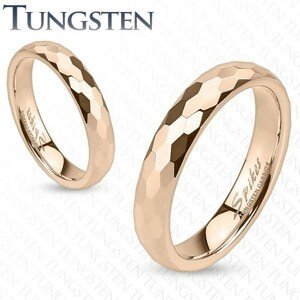 Tungstenový prstýnek - zlatorůžový, broušení do šestihranů - Velikost: 48