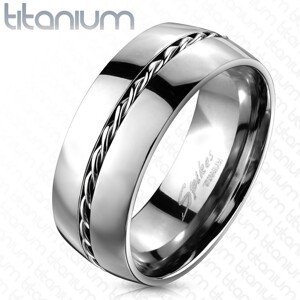 Titanový prsten - stříbrný kroužek, točený drátek uprostřed - Velikost: 49