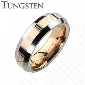Tungstenový kroužek - zlatorůžový pás s římskými číslicemi - Velikost: 54