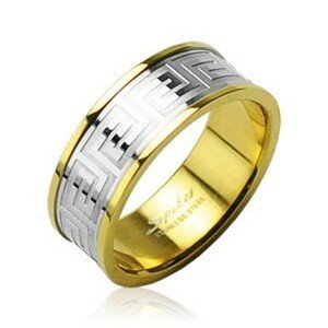Prsten z chirurgické oceli zlaté barvy se středovým pruhem stříbrné barvy - Velikost: 72