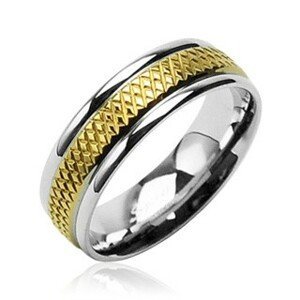 Snubní prsten z chirurgické oceli se středovým zlatým kosočtvercovým pruhem - Velikost: 59