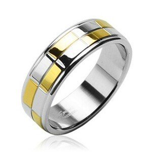 Ocelový snubní prsten se zlatými a stříbrnými lesklými obdélníky - Velikost: 72