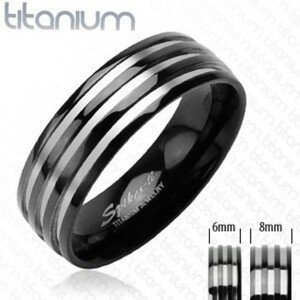 Titanový snubní prsten - se třemi stříbrnými pruhy, černý - Velikost: 65