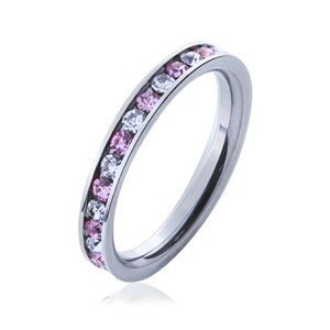 Ocelový prsten s kamínky růžové a čiré barvy - Velikost: 49