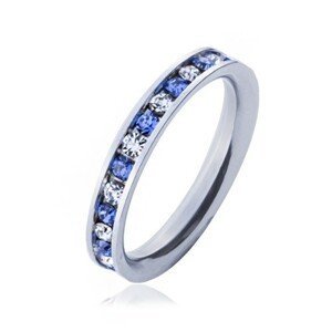 Ocelový prsten - světle modré a čiré kamínky - Velikost: 49