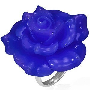 Lesklý ocelový prsten - modrá růže z pryskyřice - Velikost: 54