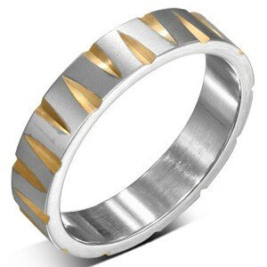 Ocelový prsten stříbrné barvy se zlatými zářezy - Velikost: 57