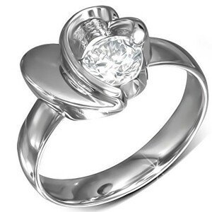 Prsten z chirurgické oceli, kulatý zirkon, srdce a obrys srdce - Velikost: 49