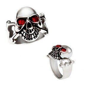 Lesklý ocelový prsten - stříbrná lebka s červenýma očima - Velikost: 59