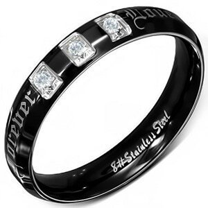 Prsten z chirurgické oceli, černý, lesklý, zirkony, Forever Love  - Velikost: 54