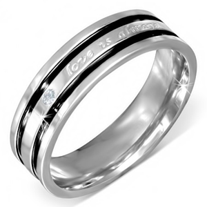 Ocelový prsten s vyznáním lásky, čirý zirkon, černé rýhy - Velikost: 52