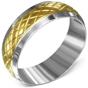 Prsten z chirurgické oceli, stříbrný se zlatým kosočtvercovým pásem - Velikost: 55