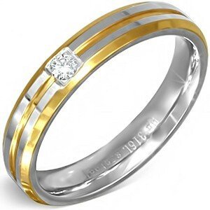 Stříbrno-zlatý prsten z oceli s malým čirým zirkonem - Velikost: 50
