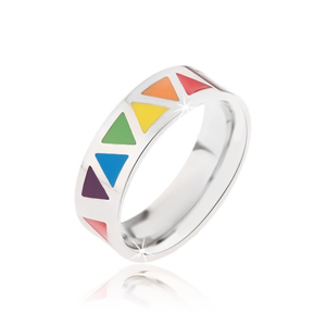 Lesklý ocelový prsten s barevnými trojúhelníky - Velikost: 68