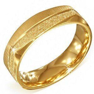 Hranatý zlatý ocelový prsten - pískovaný a saténový pás - Velikost: 54