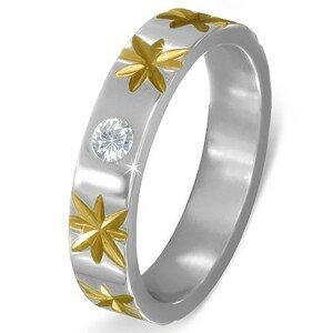 Stříbrný ocelový prsten se zlatými hvězdami a čirým zirkonem - Velikost: 67