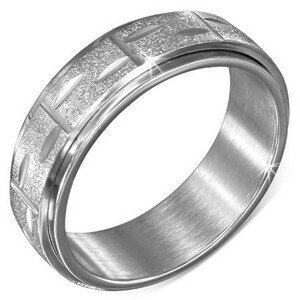 Stříbrný prsten z oceli - točící se pískovaná obruč s rýhami - Velikost: 57