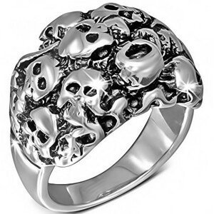 Lesklý stříbrný ocelový prsten - shluk lebek - Velikost: 71