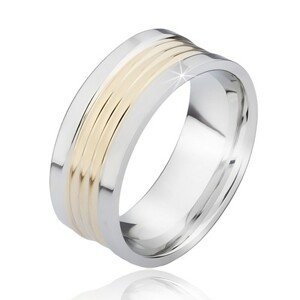 Dvojfarebný oceľový prsteň so zaoblenými zlatými pásmi - Velikost: 61