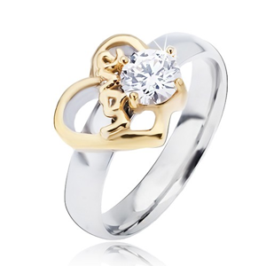 Ocelový prsten se zlatým obrysem srdce a čirým zirkonem, Love - Velikost: 60