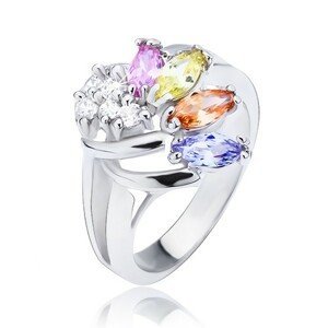 Lesklý prsten stříbrné barvy, vějíř z barevných a čirých zirkonů - Velikost: 59