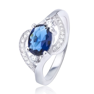 Stříbrný prsten 925 s oválným modrým zirkonem, zvlněná ramena - Velikost: 52