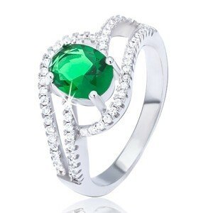 Prsten ze stříbra 925, zdvojená zirkonová vlnka, oválný zelený kamínek - Velikost: 51
