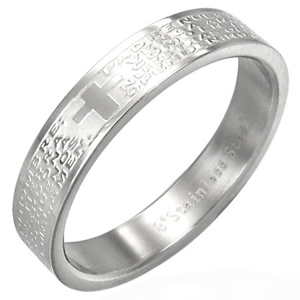 Stříbrný ocelový kroužek na prst s modlitbou a křížem - Velikost: 49