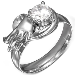 Ocelový prsten s kulatým čirým zirkonem, andělské křídlo - Velikost: 49
