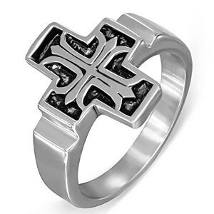 Ocelový prsten, Fleur de Lis v patinovaném latinském kříži - Velikost: 68