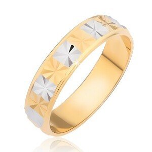 Lesklý prsten - zlaté a stříbrné obdélníky s diamantovým řezem - Velikost: 53