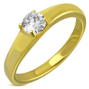 Zlatý ocelový prsten, vyčnívající kulatý čirý zirkon - Velikost: 57
