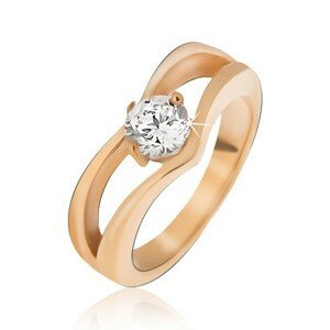 Zlatý ocelový prsten, zdvojená špička, kulatý čirý kamínek - Velikost: 49