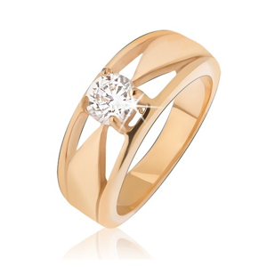 Ocelový prsten zlaté barvy, čirý zirkon, trojúhelníkové výřezy - Velikost: 59