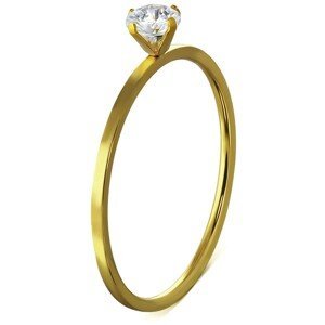 Úzký ocelový prsten, zlatá barva, kamínek uchycený čtyřmi kolíčky - Velikost: 54