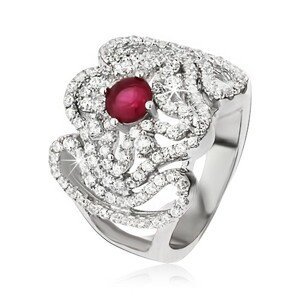 Stříbrný prsten 925, zirkonový kříž, zvlněné linie a růžovočervený kamínek - Velikost: 54