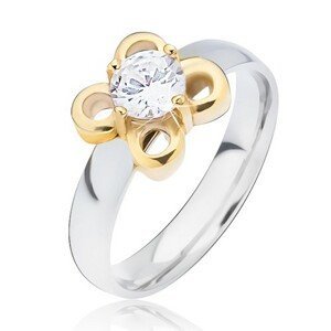 Stříbrný ocelový prsten, zlatý kvítek s čirým zirkonem - Velikost: 60