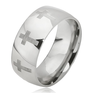 Prsten z oceli - lesklá stříbrná obroučka, matný latinský kříž - Velikost: 55